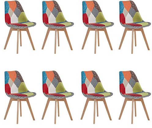 GrandCA HOME Juego de 8 Sillas de Comedor, Silla de Cocina con Estructura de Madera, Sillas Tapizadas con Asiento de Tela de Retazos (Rojo)