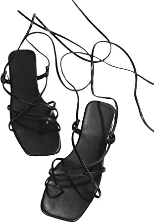 GORGLITTER Women's Summer Strappy Beach Sandals Dressy Leather Lace Up Thong Gladiator Cute Vacation Sandals Shoes 2026 Black 8