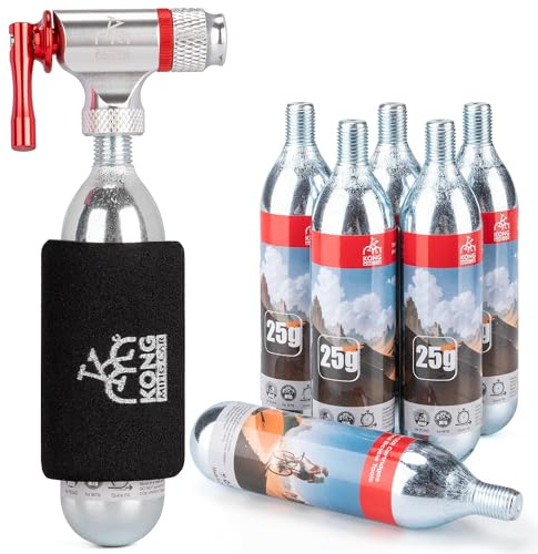 KONG MING CAR CO2 Inflator Sets für Radfahren mit 6 x 16g/25g CO2 Gewindekartuschen, Kompatibel mit Presta und Schrader Ventilen (Inflator + 25g*6 CO2 Kartuschen)