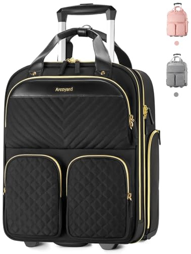Arcoyard Underseat Carry On Luggage with Wheels, Multiple Compartments Airline Approved Personal Item Bag, Travel Carry-On with Leather Handle, Lightweight Rolling Suitcase for Women, Black Gold, L