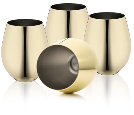 WOTOR Stemless Stainless Steel Wine Glasses Set of 4, 540ml Unbreakable Metal Wine Glass for Outdoor, Travel, Camping, Pool (Gold)