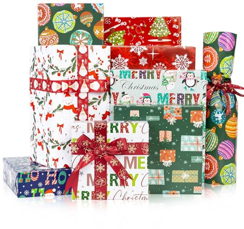 Larcenciel Geschenkpapier Weihnachten, 8 Blatt Bunt Weihnachtspapier Geschenkpapier mit Schneemann Weihnachtsmann Muster, Niedlich Weihnachtsgeschenkpapier Geschenkverpackung für Neujahr Party,50x70CM