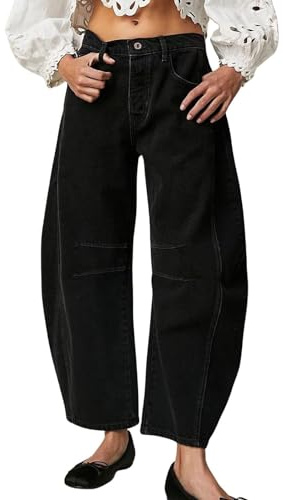 Womens Stretchy Mid Rise Barrel Jeans Vintage Loose Wide Leg Cropped Denim Pants Y2k Baggy Boyfriend Jeans, Black, Large