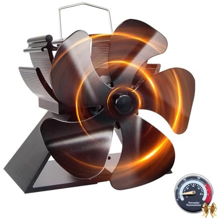 Tomersun Small Stove Fans 4.9 Inches/ 12.5cm Height 5 Blades Log Burner Fan with Stove Thermometer for Wood Burning Log Burners