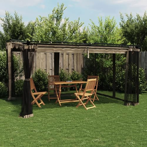 Homgoday Paviljong med nätväggar, trädgårdspaviljong med skjuttak, festtält, festtält, terrasslusthus, trädgårdstält, UV-skydd för trädgård, fest, brungrå 4 x 3 m stål