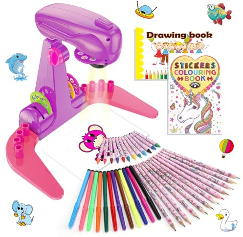 Sumsoltic Girls Drawing Projector Toy for Kids with Water Colour Pens, Unicorn Colouring Book, Drawing Pad and Ruler, 72 Patterns Art Painting Set, Educational Toys for 3 4 5 6 Years Old Girls