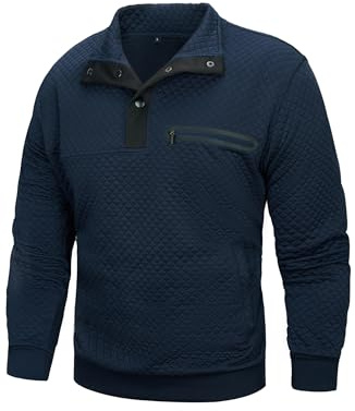 Wirltte Mens Sweatshirts Solid Color Casual Long Sleeve Pullover Sweatshirt Winter Warm Stand Collar Button Top with Pockets Blue L