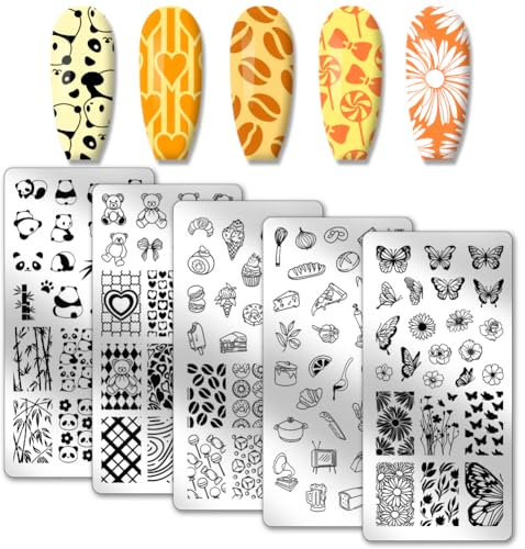 PH PandaHall 5pcs Placas para Sellos de Uñas Estilo Chino Panda Motivos Asiáticos Nail Stamper Food Desert Butterfly Nail Art Plantilla para Nail Art Design Manicura Salon
