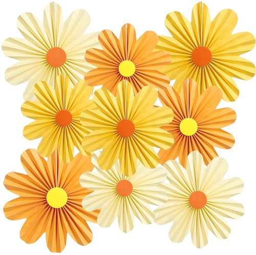 SUNBEAUTY 9 Stück Papier Fächer Dekoration Hanging Girlande Orange Gelb Gänseblümchen Papierfächer für Hochzeit Geburtstag Tea Party Tischdeko Classroom Baby Shower Backdrop Garland