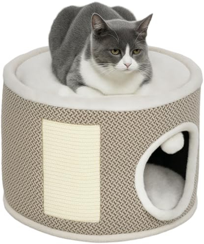 PawHut Tour griffer Chat, tonneau griffoir Chat, Hauteur de 30 cm, avec sisal pour gratter, Dessus en Peluche, Coussins Amovibles, Balle de Jeu, café