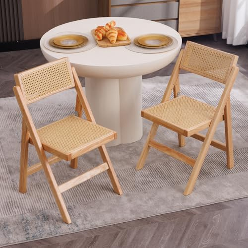 Ya-Home Folding Dining Chairs Set of 2 Rattan Kitchen Chair, Natural Wood | Foldable, Solid Wood Frame, Breathable Rattan Backrest and Seat, Foot Pads, for Outdoor/Indoor Home Dining Room
