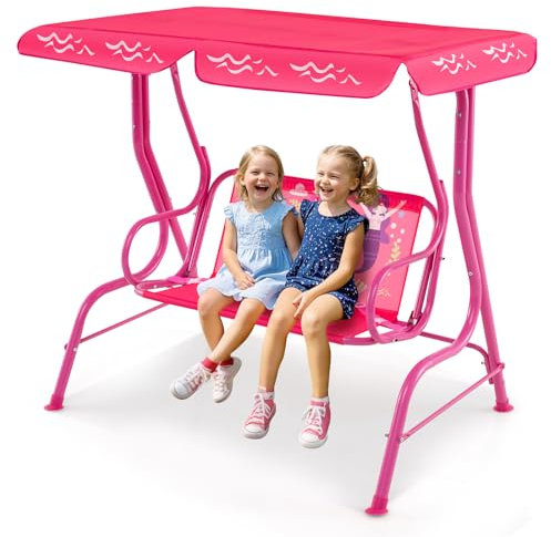 GYMAX Kids Patio Swing Chair, 2 Seats Garden Swing Bench with Adjustable Canopy and Safety Belts, Porch Swinging Lounger Seater for Outdoor Indoor (Pink, 113 x 77 x 111 cm)