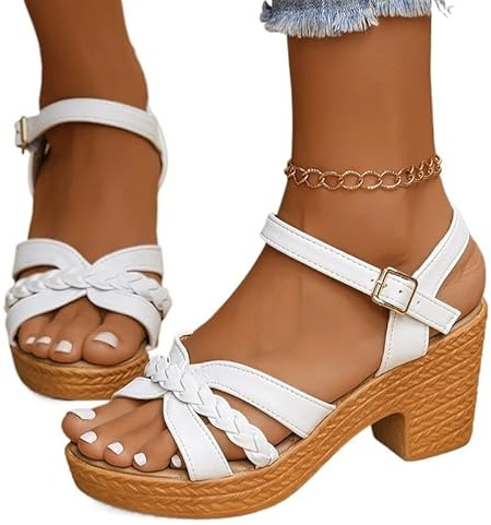Sandales Femme Été Confortable, Women Sandals Sandales à talons hauts tressés for femmes, sandales d'été à plateforme, brides à la cheville, chaussures de plage décontractées for les vacances(WHITE,42