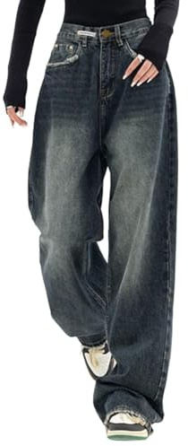 Jeans da donna baggy Y2k, boyfriend, a vita bassa, hip hop, in denim vintage, cargo, a gamba dritta, C blu scuro., M