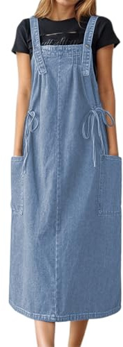 Vestido de peto para mujer, holgado, sin mangas, con bolsillos, elegante, largo hasta la rodilla, falda vaquera, falda vaquera, línea A, vestido largo, vestido holgado, vestido con tirantes, O blue2
