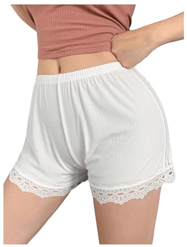 MakeMeChic Women's Lace Slip Shorts Elastic Waist French Knickers Pajama Bottoms White Small