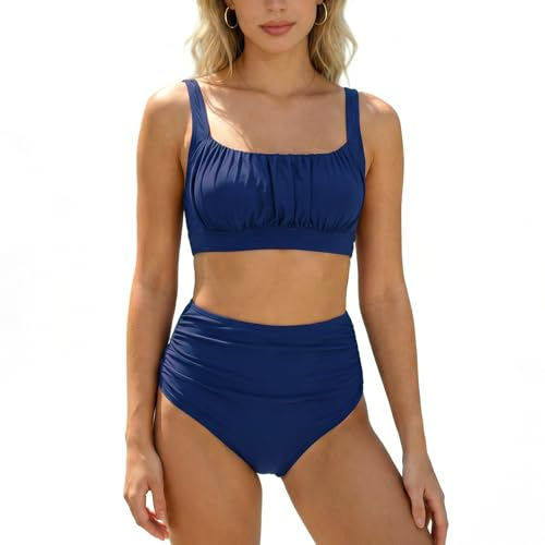 YNIQUE Bikini med hög midja för kvinnor, fyrkantig krage tvådelad kostym, bikini med korsrygg och hög botten