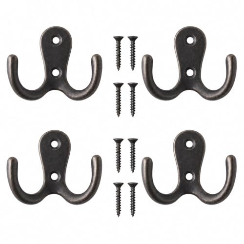 Qabonl 4 Pack Coat Hooks Heavy Duty Double Prong Wall Mounted Black | 6 Screws Retro Double Robe Hooks Utility Hooks for Coat, Scarf, Bag, Towel, Key, Cap, Cup, Hat