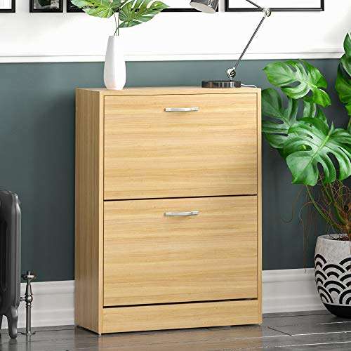 Vida Designs Shoe Cabinet, Wooden Shoe Storage Unit with 2 Pull-Down Drawers, Multifunctional Dust-Proof Space-Saving Slim Cupboard for Hallway or Entryway (Pine)
