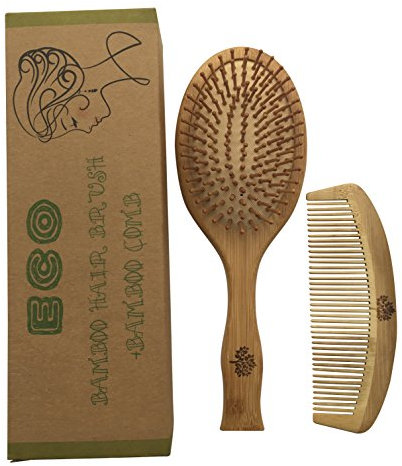 Set di 2 pezzi con spazzola per capelli e pettine in bambù, riciclabile ed ecologico (etichetta in lingua italiana non garantita)
