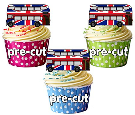 AK Giftshop PRE-CUT Union Jack, London Bus - Edible Cupcake Toppers/Cake Decorations Pack of 12