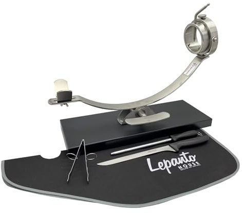 Flores Cortés 17928 Jamonero profesional O Soporte Jamonero, Plateado acero INOX con base de fibra NEGRA + set de CORTE CUCHILLO Y CHAIRA ARCOS NIZA + pinza + CUBRE JAMON LepantoHouse