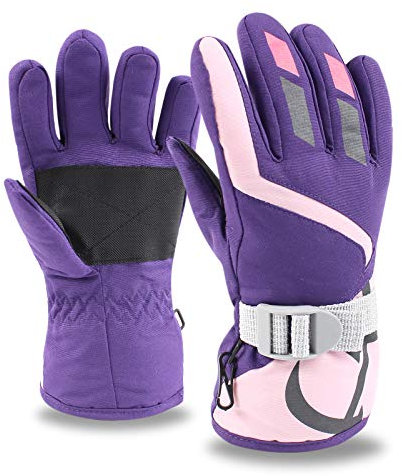 XIAOHAWANG Hiver Gants de Enfant Fille Garçon Imperméable Gants de Ski Snowboard pour Enfants 4 à 7 Ans (Violet Foncé)