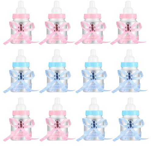 12 Pezzi Scatola Biberon Plastica con Orso Nastri, Bottiglia di Caramelle, Bottigliette Portaconfetti Bomboniera Scatolina Regalo per Baby Shower Femminuccia Bomboniera Battesimo - Blu/Rosa