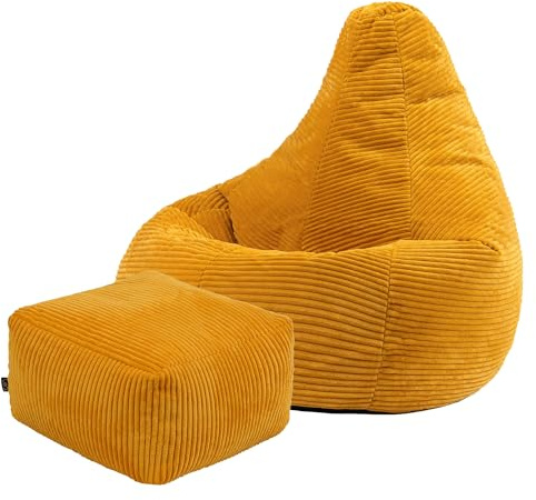 icon Dalton Cord Bean Bag Chair with Footstool, Ochre Yellow, Large Adult Bean Bag with Filling Included, Comfy Chair, Living Room Furniture, Bedroom Furniture