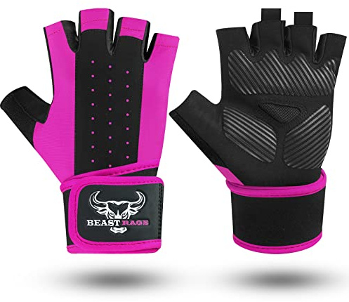 BEAST RAGE Guanti per sollevamento pesi per uomini e donne Supporto per polso imbottito Protezione del palmo traspirante aderente per fitness, allenamento, ciclismo,(rosa, S)