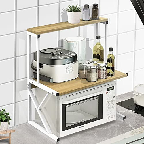 ShiShi Soporte de microondas de metal y madera, 3 niveles, estante de cocina, encimera, estante de almacenamiento, cocina, organizador de almacenamiento extensible, 54 × 34,5 × 65 cm – blanco