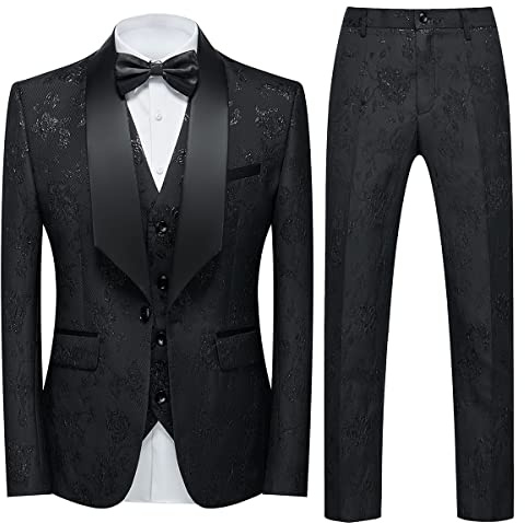 Tuxedo Suits for Men 3 Piece Regular Fit Suit Floral Pattern Blazer Jacket Waistcoat Pants Men Suit Set for Wedding Black