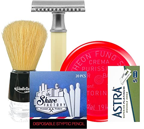 The Goodfellas' smile kit rasautra regalo 5 in 1 Rasoio di Sicurezza + 5 Lamette astra + Sapone da barba + fiammiferi emostatici + Pennello da barba