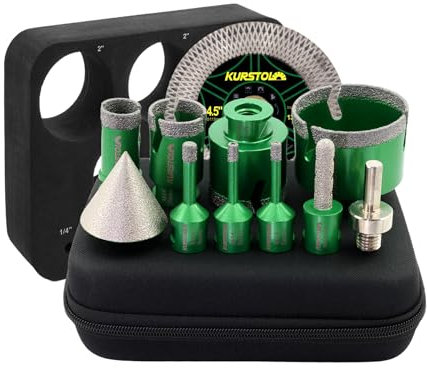 KURSTOL Diamond Core Drill Bits - 6/6/8/25/35/50/68mm+50mm Beveling Chamfer Bit+10mm Finger Milling Bit+Triangle Adapter to M14 Thread+115mm Cutting disc for Porcelain Ceramic Tile Granite Marble
