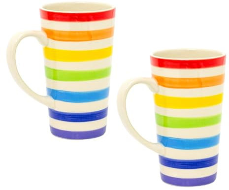 Carousel Home Set Of 2 Hand Painted Tall Rainbow Mug | Pack Of 2 Rainbow Stripe Ceramic Tall Latte Coffee Mug | 2 Piece Large Multi Coloured Tea Cup Stripped Hot Drinks Mug Coffee Cup