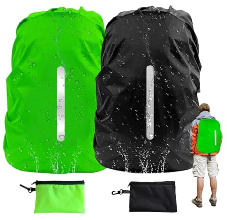 TECET® 2 Pcs Funda Impermeable Mochila para Lluvia 20-30L | Chubasquero para Mochila | Protector Lluvia Mochila Reflectante | Funda Mochila Escolar con Ruedas ó para Avión (Verde + Negro)
