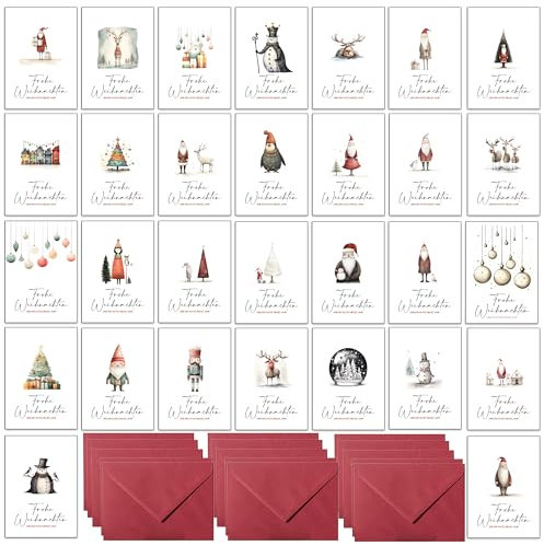 Weihnachtskarten mit Umschlag Set 30 Skurrile Weihnachtsmänner und lustige Rentiere - Klappkarten Weihnachtsgrußkarten