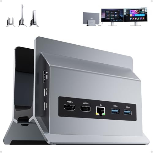 PULWTOP 11 in 1 USB C Docking Station Dual Monitor, Vertical Laptop Dock Stand with 2 x HDMI 4K 60Hz, 3 x USB A/C 10Gbps, 2 x USB A 5Gbps, Ethernet, PD3.0 Docking Station for Type-C Laptops