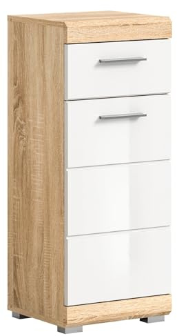 Newroom Kommode Weiß Hochglanz Sonoma Eiche hell Sideboard Modern Zeitlos - 88x37x31 cm (BxHxT) - Highboard Anrichte - [Libra.one] Bad Badezimmer WC