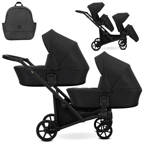 Kunert BRAV DUO Cochecito Gemelar 2 en 1+Accesorios: Confort, Seguridad, Practicidad, Diseño Elegante y Funcional, Sistema Versátil, Estructura de Aluminio, Ligero, Negro/Negro