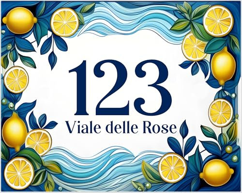 Caribu design Numero Civico Personalizzato da Esterno - Mattonella in Ceramica 25x20 cm Targa Personalizzabile con Indirizzo, Via, Nome Famiglia, Testo - Piastrella Limoni Mare Foglie Rettangolare