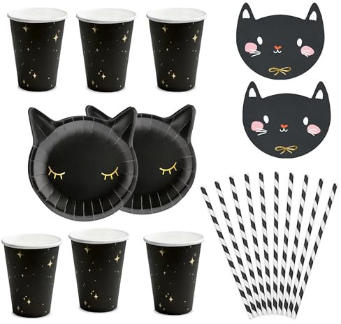 Libetui Set di stoviglie da 64 pezzi, con gatto, nero, per feste di compleanno per bambini, feste di compleanno, per 12 persone, gatto nero