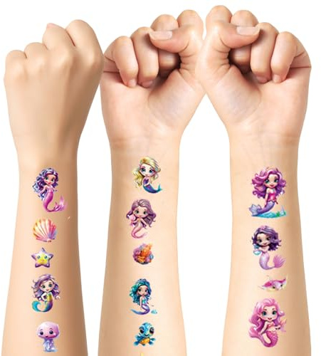 XIKAYA Tatuajes Temporales Sirenas Brillantes - 12 Pegatinas con 147 Diseños | Calcomanías Infantiles Fluorescentes para Fiestas, Piscina y Cumpleaños | Regalos Niñas (Brillo)