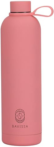 BAVISSA Insulated Water Bottle 1000ml with Lid Clip, Double Wall Vacuum Drinks Bottle Keeps Drinks Cold 12 Hrs/Hot 6 Hrs, Stainless Steel Water Bottle BPA Free (Hot Pink)