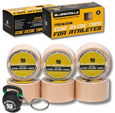 BLUEGORILLA® (Pack 6 + PORTACHIAVI) Tape Sportivo Anelastico 3,8cm x 10m - Nastro Rigido ad Alta Resistenza per Crossfit, Arrampicata e Pugilato - Benda Inelastica per Dita e Polsi - [Pelle]
