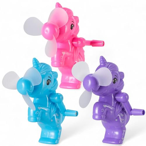 MIJOMA Lot de 3 ventilateurs manuels licorne - Mini ventilateur pour enfants avec entraînement à manivelle - 91 x 59 x 116 mm - Gadget d'été coloré pour les déplacements
