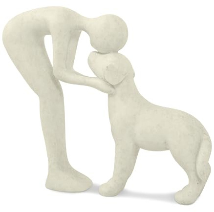 Kityemo Statua in Ceramica di Cane Carino in Beige – Scultura Canina Decorativa, Regalo per Amanti degli Animali, Decorazione per Casa/Ufficio, Scultura di Uomo e Cane