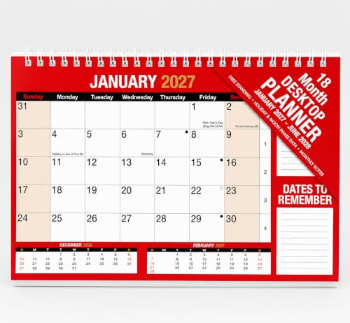 Sixstore 2027-2028 Desktop Calendar 18 Months Red and Black