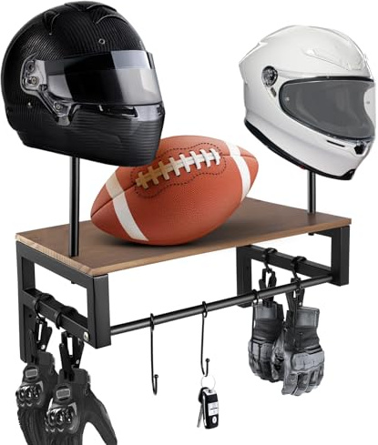 Motorcycle Helmet Stand, 20kg Motorbike Helmet Holder with 4 Clips and 4 Hooks, Helmet Mount Wall Organizer for Clothing and Gloves for Motorsports Bike Sports Accessories