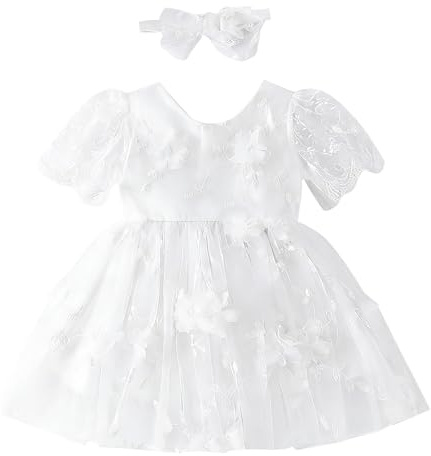 TENTIDE Newborn Baby Girl Christening Dress White Baptism Lace Short Sleeve Wedding Dresses with Bonnet Outfit(White Bow, 0-3 Months)
